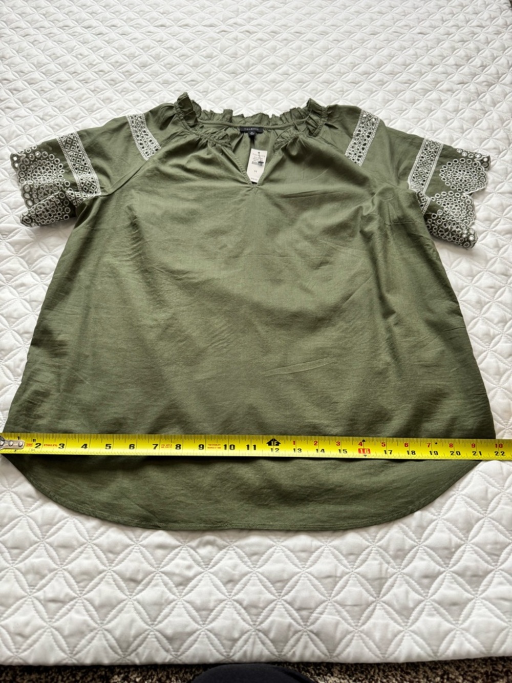 NWT Talbots Olive Green Embroidered Eyelet Sleeve Ruffle Neck Blouse Size Medium - Picture 11 of 15